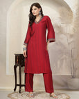 Self Dobby A-Line Poly Viscose Kurta Set with Lace Detailing & Dupatta