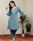 Solid A-Line Cotton Linen Kurta with Embroidery & Palazzo Set
