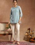 Solid Chiffon Tunic with Mirror Embroidery & Shirt Collar