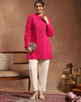 Solid A-Line Viscose Rayon Tunic with Embroidery & Lace Cuff