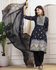 Geometric Printed A-Line Poly Chanderi Kurta Set with Dupatta