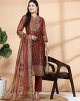 Floral Printed A-Line Poly Chanderi Kurta Set with Dupatta