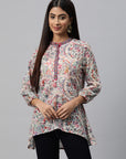Floral Printed Longline Cotton Top with Mirror Embroidery