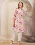 Floral Printed A-Line Poly Muslin Kurta with Schiffli Lace & Palazzo