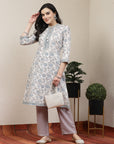 Floral Printed Cotton Blend Straight Kurta with Lace-Tassel Neckline & Palazzo