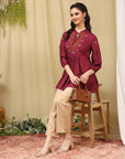 Solid Embroidered Flared Rayon Kurti