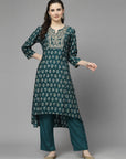 Ethnic Motif Printed A-Line Modal Chanderi Kurta Set with Zari Embroidery