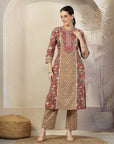 Floral Printed Cotton A-Line Kurta with Embroidery & Palazzo Set