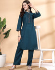 Thread Embroidered Straight Kurta Set with Lace Yoke & Palazzo