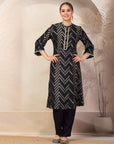 Stripe Printed A-Line Poly Viscose Kurta Set with Zari Embroidery