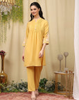 Pleated Crepe Kurta Set with Floral Embroidery & Lace-Hem Palazzo