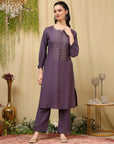Zari Embroidered Blended Kurta Set with Full Sleeves & Palazzo