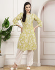 Floral Cotton Kurta Set with Button Placket & Lace-Detailed Palazzo Hem