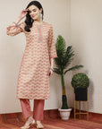 Ethnic Motif Printed Cotton Blend Straight Kurta Set with Chevron Palazzo