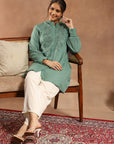 Viscose Rayon Kurti with Embroidered Placket & Lace-Trimmed Sleeves