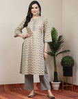 Ethnic Motif Printed Cotton Blend Straight Kurta Set with Chevron Palazzo