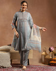 Tribal Printed Straight Kurta Set with Lace Detailing & Chiffon Dupatta