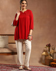 Solid A-Line Viscose Rayon Tunic with Mirror Embroidery