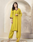 Self Dobby A-Line Poly Viscose Kurta Set with Lace Detailing & Dupatta