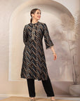Stripe Printed A-Line Poly Viscose Kurta Set with Zari Embroidery