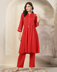 Solid A-Line Poly Viscose Kurta with Mandarin Collar & Embroidery