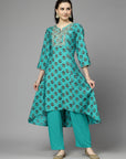 Ethnic Motif Printed A-Line Modal Chanderi Kurta Set with Zari Embroidery