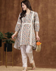 Beige High-Low Cotton Kurti with Geometric Print & Lace Shirt Collar