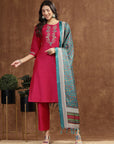 Solid A-Line Poly Silk Kurta, Palazzo & Printed Dupatta Set