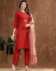 Solid Poly Silk A-Line Kurta Set with Khadi Silk Printed Dupatta