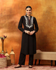 Wool Blend Embroidered Kurta Set with Mandarin Collar & Elasticated Palazzo