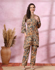 Brown Floral Rayon Co-ord Set with Bell Sleeves and Mandarin Collar
