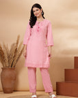 Pink Cotton Co-ord Set with Tonal Embroidery & Laced Sleeve