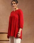 Solid A-Line Viscose Rayon Tunic with Mirror Embroidery