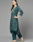Ethnic Motif Printed A-Line Modal Chanderi Kurta Set with Zari Embroidery