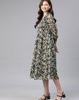 Floral Printed Chiffon Fit & Flare Midi Dress with Lace Detailing