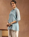 Solid Chiffon Tunic with Mirror Embroidery & Shirt Collar
