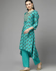Ethnic Motif Printed A-Line Modal Chanderi Kurta Set with Zari Embroidery
