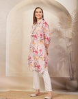 Floral Printed A-Line Poly Muslin Kurta with Schiffli Lace & Palazzo