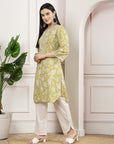Floral Cotton Kurta Set with Button Placket & Lace-Detailed Palazzo Hem