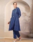 Solid A-Line Poly Viscose Kurta with Mandarin Collar & Embroidery