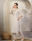 Abstract Printed A-Line Cotton Cambric Kurta with Embroidery & Palazzo
