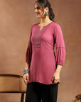 Viscose Rayon Kurti with Lace Neck and Bishop Sleeves