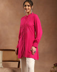 Solid A-Line Viscose Rayon Tunic with Embroidery & Lace Cuff