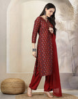 Floral Printed Poly Viscose Kurta Set with Zari Embroidery & Dupatta