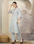 Abstract Printed A-Line Cotton Cambric Kurta with Embroidery & Palazzo
