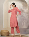 Solid A-Line Cotton Linen Kurta Set with Palazzo & Pockets