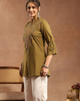 Olive Viscose Kurti with Mandarin Collar & Embroidered Yoke