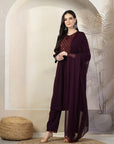 Solid Flared Poly Viscose Kurta Set with Embroidery & Chiffon Dupatta