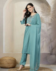 Geometric Foil Printed Poly Viscose Kurta Set with Palazzo & Dupatta