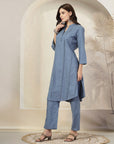 Solid A-Line Cotton Linen Kurta Set with Palazzo & Pockets